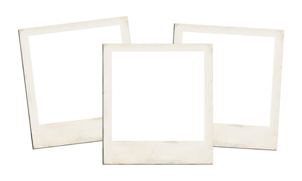 Three blank vintage polaroid photo frames mockup. Old instant photos on transparent background.