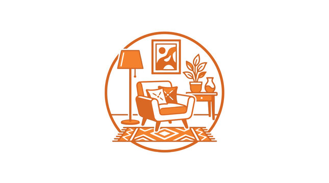 Orange line art interior design in circular frame.