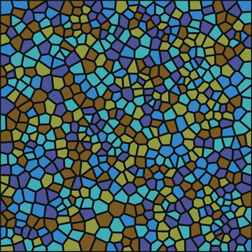 Abstract geometric mosaic pattern in shades of blue and brown with stained glass