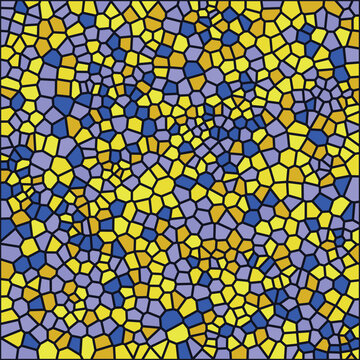 Abstract geometric pattern with yellow, blue, and violet mosaic tile shapes