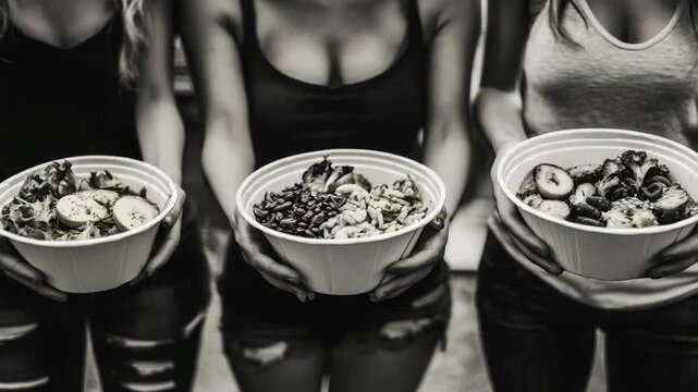Three people holding bowls of nutritious food, ready for a week of balanced meals.