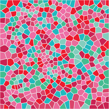 Abstract geometric mosaic pattern with bright red pink turquoise shapes