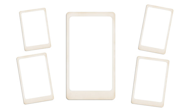 Five blank vintage polaroid photo frames mockup. Old instant photos on transparent background.