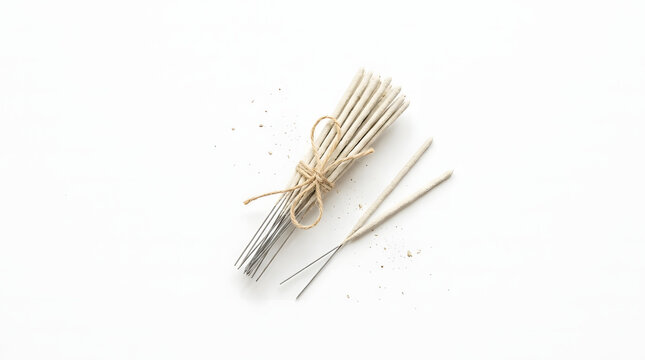 A bundle of natural incense sticks tied with twine, with loose sticks and ash.