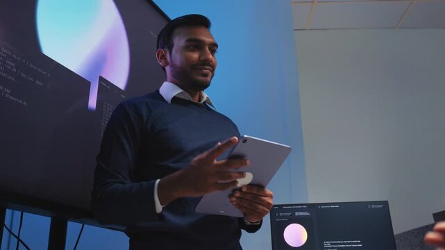 Indian male Software Engineer, Developer working with Team, Looking at Monitoring, Presenting coding, data, AI Machine Learning Model to Colleague, Discussion, Reviewing and Brainstorming together.