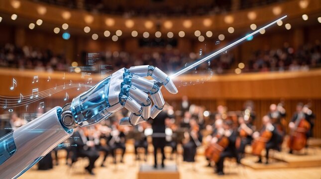 Robot hand holds a conductor baton to lead a virtual symphony in a grand concert hall setting.