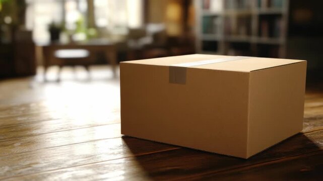 A plain brown cardboard box is placed atop a wooden table in a well-lit indoor space with books and furniture in the background.