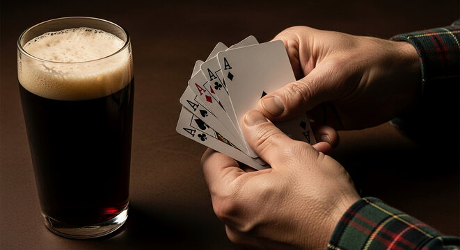 Hands holding a fan of four ace cards next to a glass of dark beer, symbolizing luck, chance, and a game of skill.