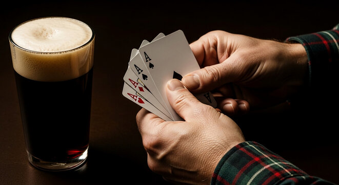 Close-up of a hand holding four aces and a glass of dark beer, symbolizing luck, gambling, and a relaxing moment