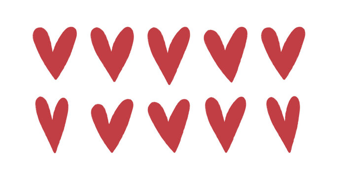 Hand drawn heart shapes collection, cute doodle love symbols, simple romantic design elements, organic freehand valentine decoration for greeting cards, stickers, scrapbook flat vector illustration.