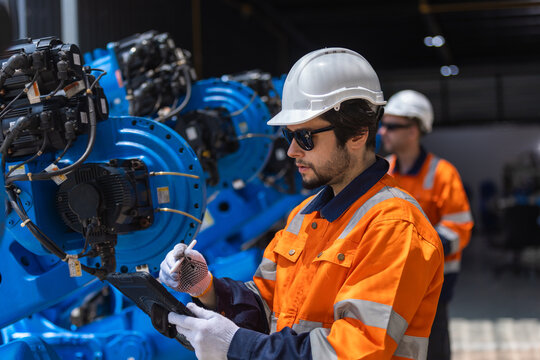 Engineers inspecting industrial robotic arms with digital tablet in smart factory. Advanced automation, quality control, manufacturing technology, production efficiency and Industry 4.0.