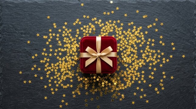 Maroon gift box with golden ribbon surrounded by floating flowers