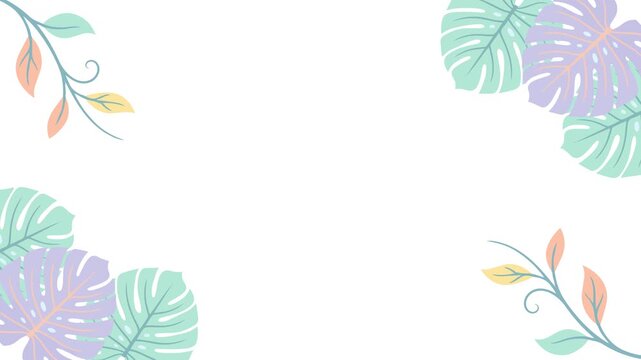 Pastel colored autumn and tropical leaves vines floral border animation on white background