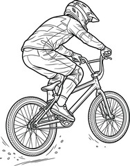 Fototapeta premium BMX biker performs a dynamic jump with a bicycle, black and white line art illustration.