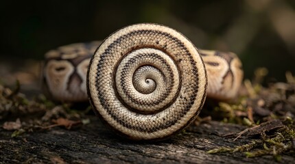 Close up view of a ball python coiled into a perfect geometric spiral pattern on a textured natural wooden forest surface
