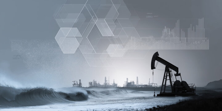 Offshore oil pumpjack stands beside crashing ocean waves under a sky filled with digital hexagon data graphics.
