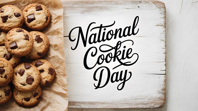 Fresh baked chocolate chip food item arranged on wooden board with hand lettered holiday greeting card text