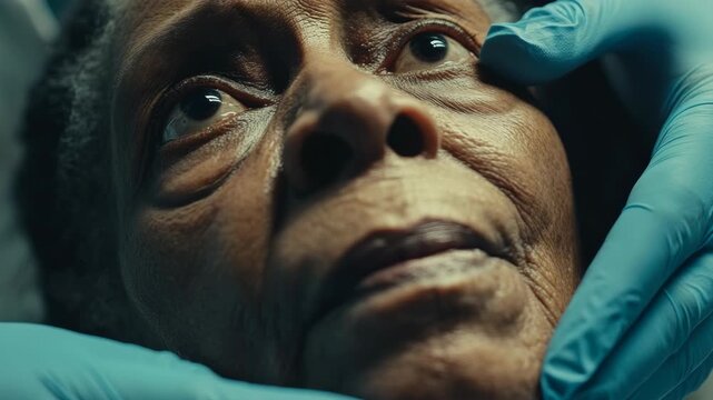 Close-up of elderly woman's face. Medical gloves gently touch her cheek. Her eyes look upward, showing concern. Skin texture reveals age and history. Soft lighting enhances emotional tone