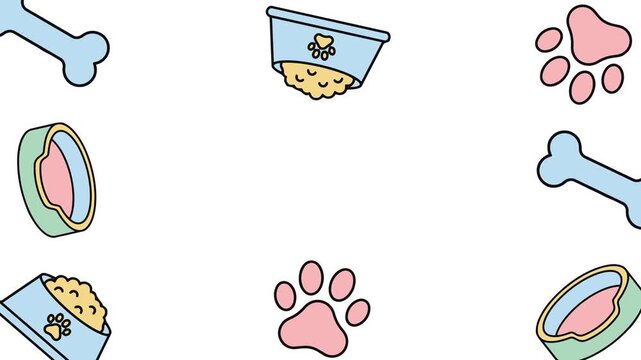 Animated dog pet supplies bone paw print and food bowl border frame on white background