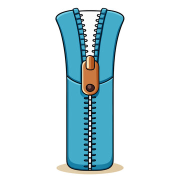 a blue zipper in a partially open position, featuring interlocking teeth on both sides, an orange/gold zipper pull tab with a button detail, shown vertically.