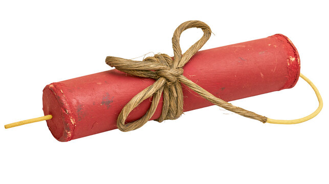 Red dynamite stick with rough twine knot and yellow fuse, isolated on transparent background