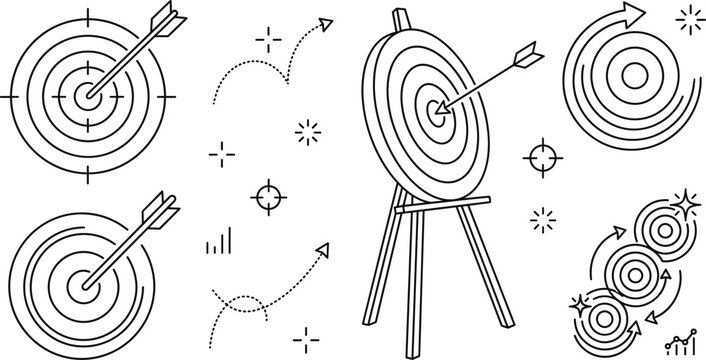 Business goal target and archery bullseye icon set featuring arrows hitting board strategy growth trend line vector elements
