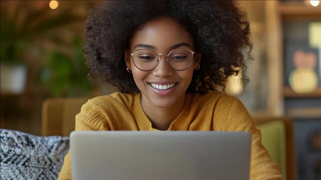 Smiling young professional female looking at computer screen
