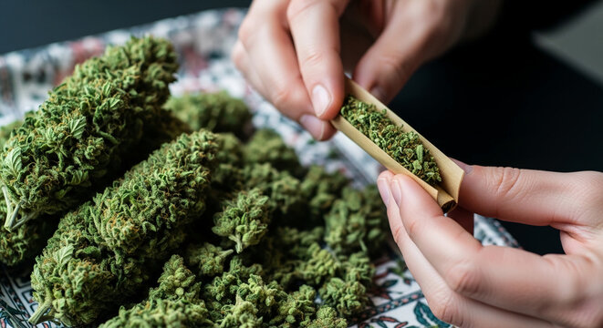 Close-up of hands rolling a joint with dried green cannabis buds, symbolizing relaxation, recreation, and personal use.