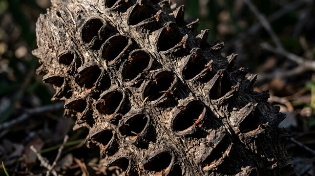 Close-up of a weathered Banksia seed pod displaying intricate woody textures and dark organic patterns on a forest floor in natural light
