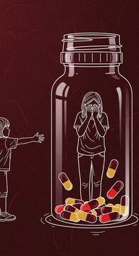 Child reaching for figure inside a medicine bottle with pills, symbolizing entrapment and dependency on medication, representing struggle with mental health or addiction.