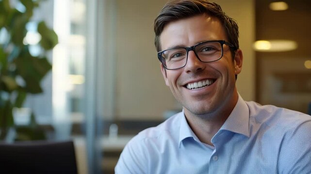 Man smiles warmly, wearing glasses and light blue shirt. He sits indoors, near soft natural light. Background hints at modern office or lounge space. Green plant stands nearby, subtly adding freshness