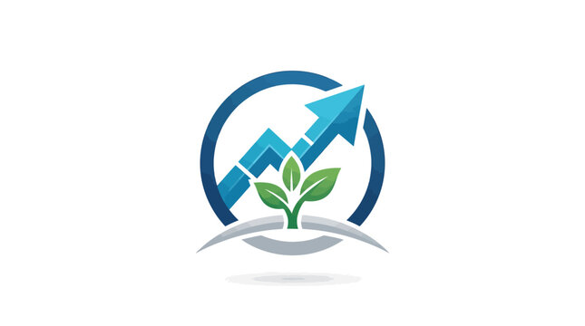 Green sustainable business growth logo with arrow and leaves