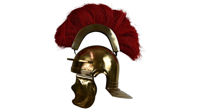 Golden Roman helmet with red plume, isolated on transparent background