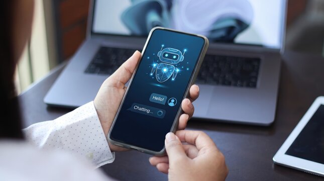 Person holding smartphone with artificial intelligence chatbot interface showing robot avatar and conversation bubbles, representing virtual assistant technology, customer support