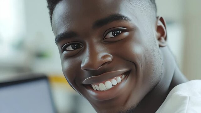 Bright smile shines from young man's face. Warm eyes meet viewer with genuine joy. He wears simple white shirt, relaxed posture. Background softly blurred, laptop nearby