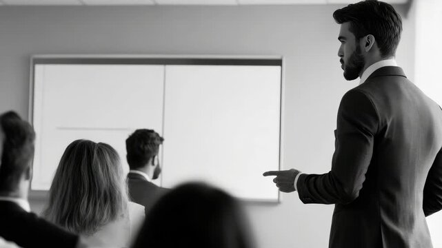 Business meeting with professional man speaking at front of board
