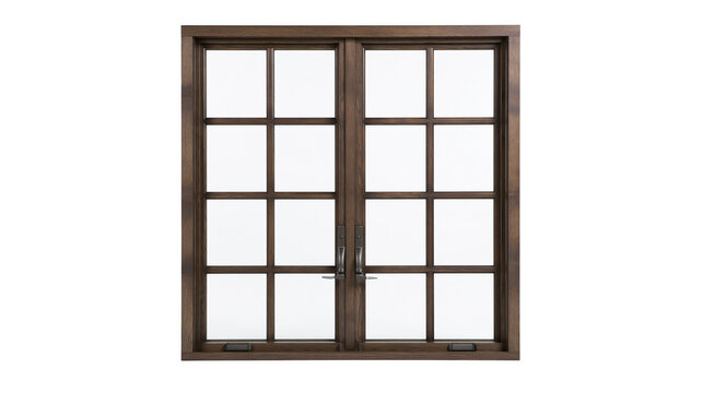 Dark brown wooden casement window with multiple panes, isolated on transparent background