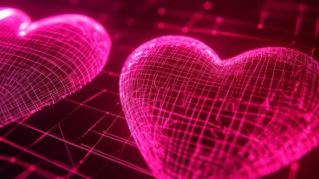 Modern art piece with three hearts in vivid pink set against a digital grid pattern background.