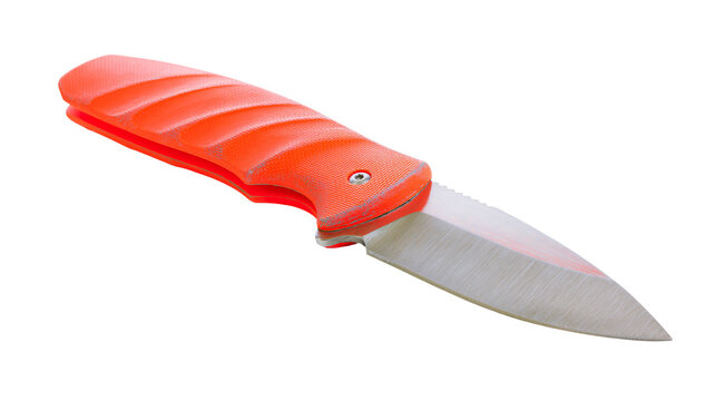 Bright orange handled folding knife with polished steel blade, isolated on transparent background