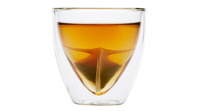 Double-walled glass cup with amber tea and pyramid tea bag, isolated on transparent background