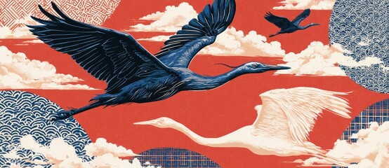 Obraz premium Artistic depiction of cranes flying against a vibrant red sky with clouds and abstract patterns.