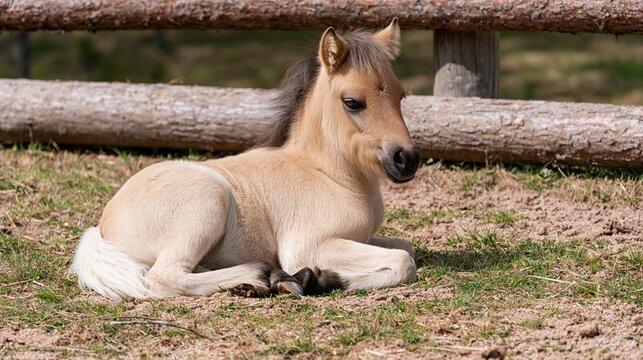 Young foal resting on grass near fence