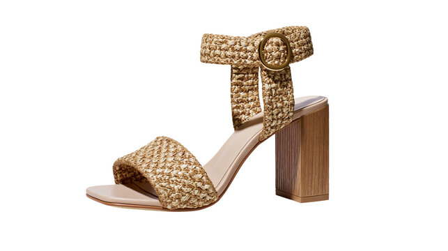 Woven raffia ankle strap sandal with wooden block heel, isolated on transparent background