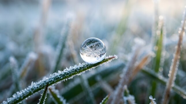 Macro photograph of a single dewdrop reflecting a winter landscape sitting on a blade of frost covered green grass during a cold morning