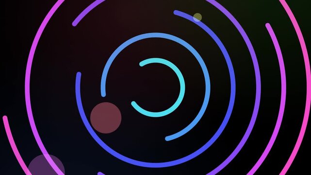 Neon Circles and Orbs: Abstract visualization of swirling neon concentric circles and translucent orbs in vibrant hues of pink, blue, and cyan against a dark, atmospheric background.
