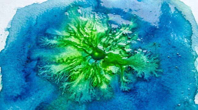 Abstract Watercolor Texture Featuring Vibrant Green Organic Spreading Patterns Amidst Deep Blue Washes for Artistic Background Design