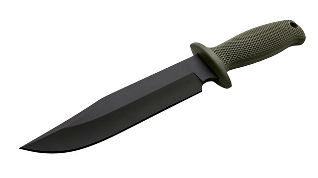 Tactical combat knife with black blade and green textured handle, isolated on transparent background