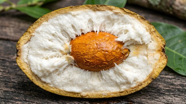 Halved Kepel Fruit Showing Creamy White Flesh and Large Brown Seed on a Rustic Wooden Background