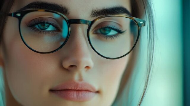 A young woman wearing round glasses has a slight smile on her face and is looking slightly downwards.