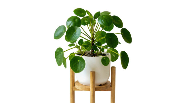 Small green pilea plant in a white pot on a wooden stand isolated on transparent background
